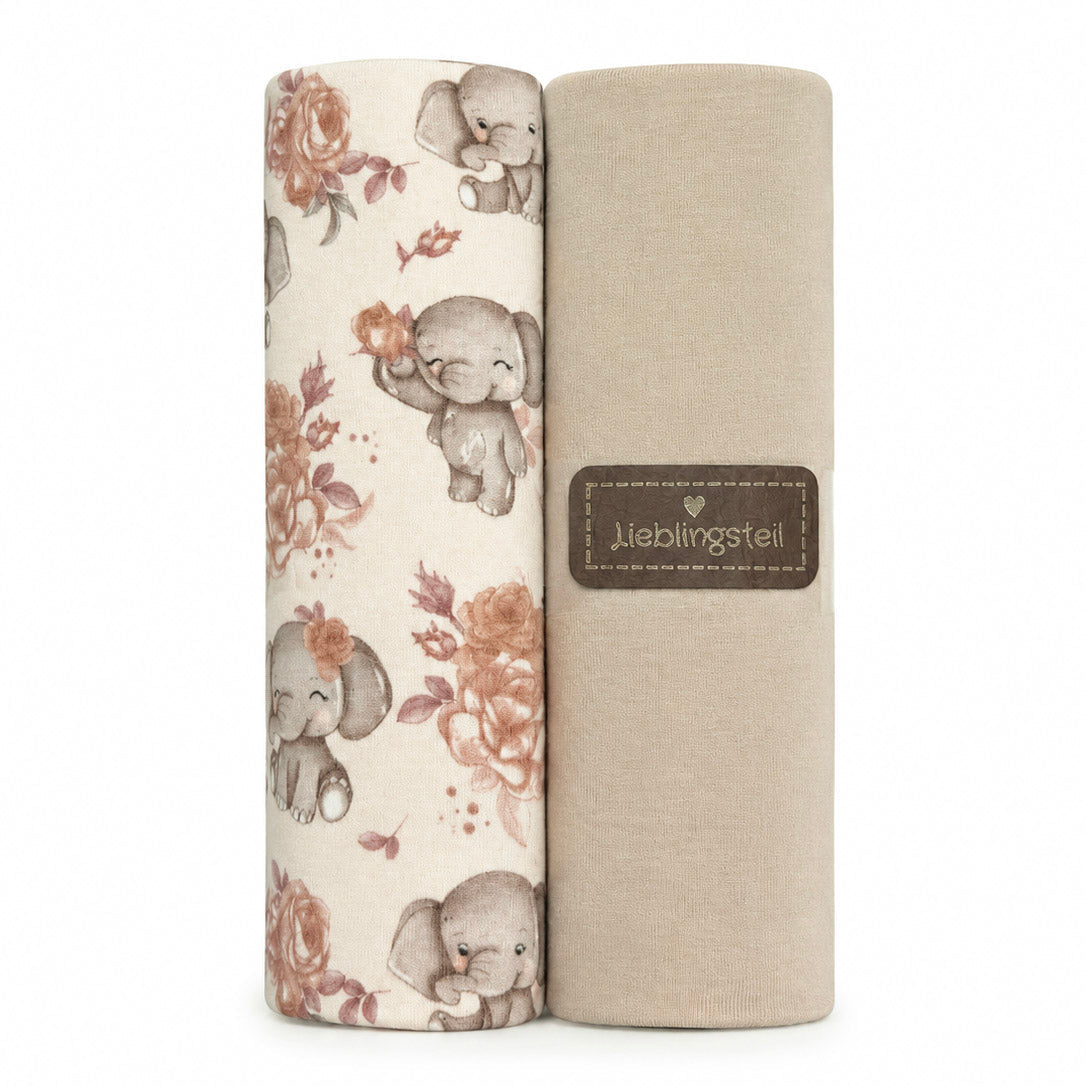 Jersey Stoffpaket + Label - niedliche Elefanten -  creme