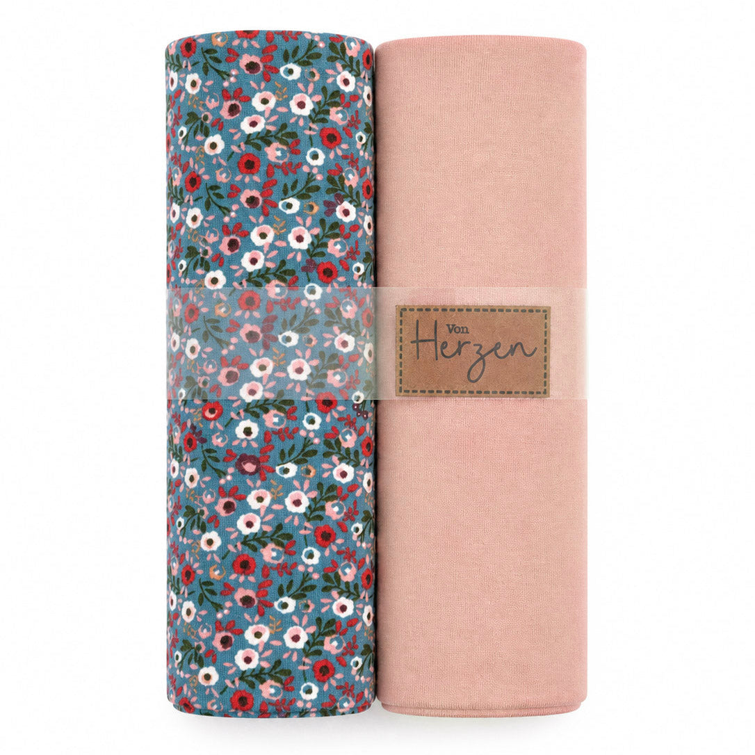 Jersey Stoffpaket + Label - kleine Blümchen - blau - helles altrosa