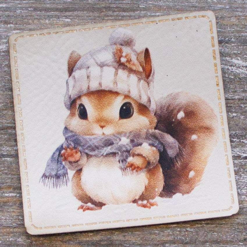 Kunstleder Label – Eichhörnchen mit Strickmütze