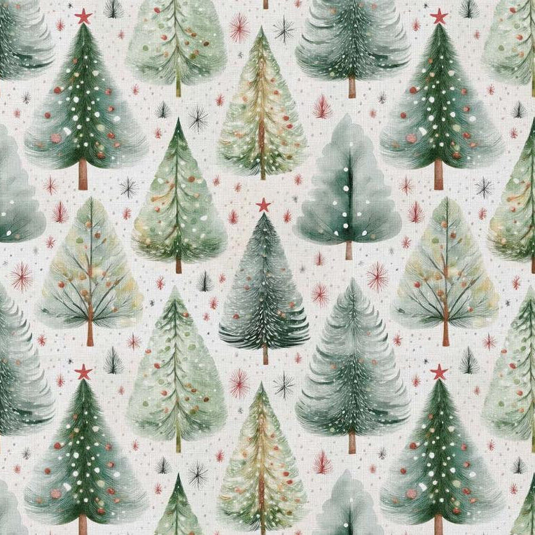 🌲 Baumwolle Webware Stoff - „Winterwald“ – Weihnachtsbäume in Grün & Creme