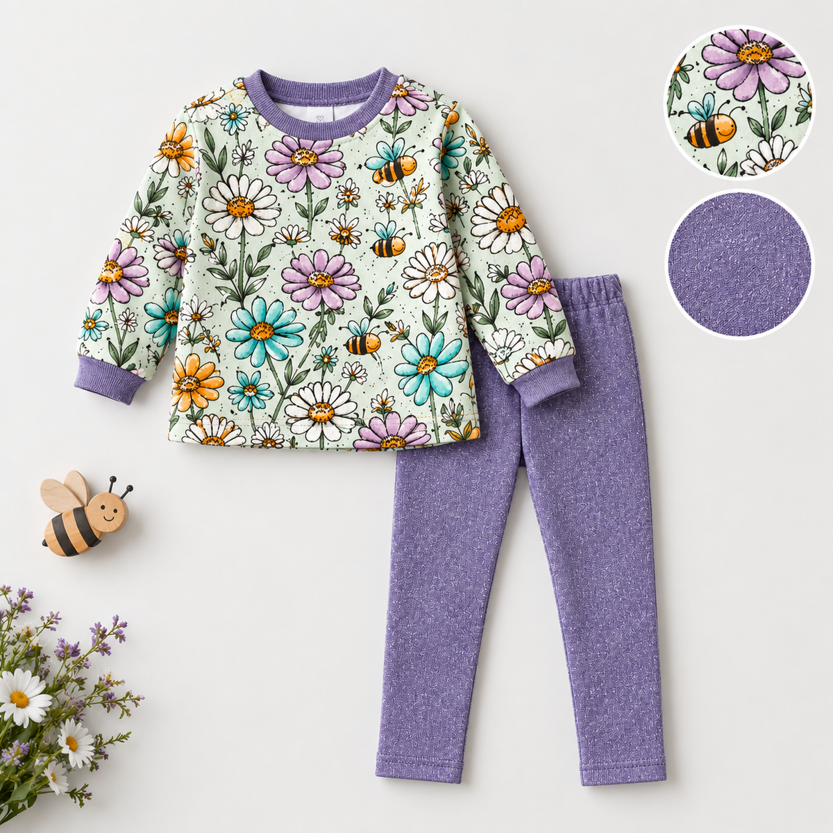 Jersey Stoffpaket Katzengold Design - Blumenwiese - hellblau