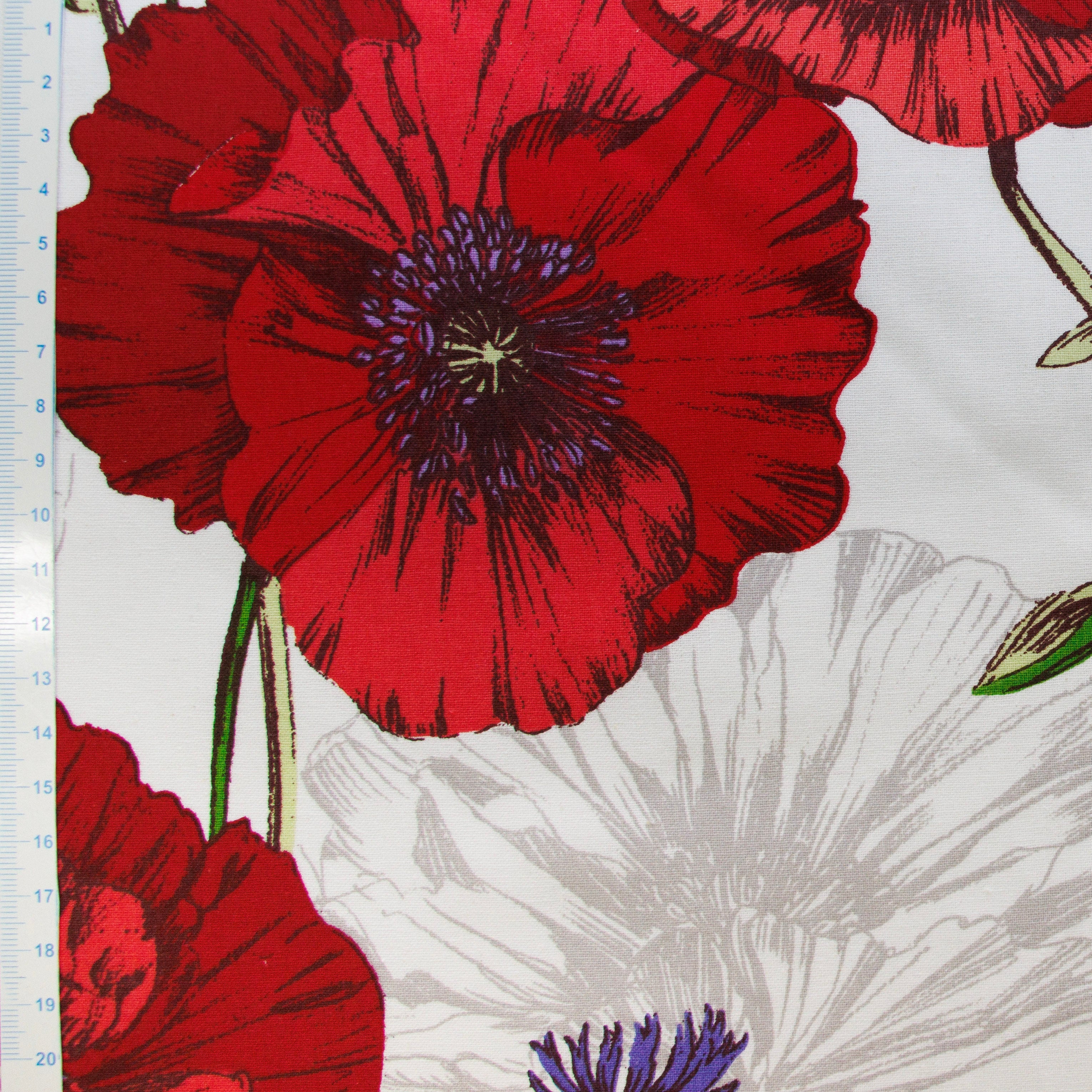 Dekostoff Half-Panama - Mohnblumen - weiß