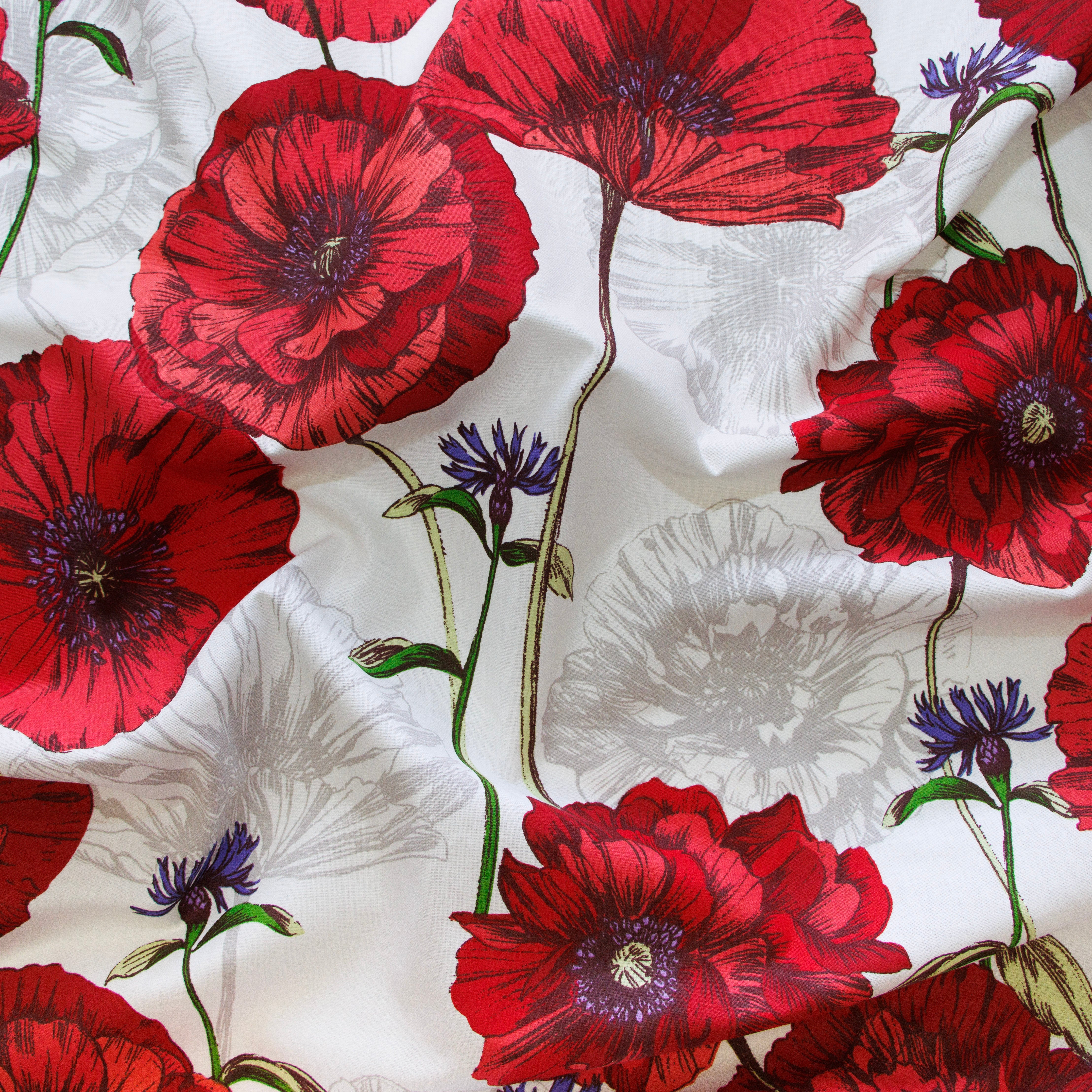 Dekostoff Half-Panama - Mohnblumen - weiß
