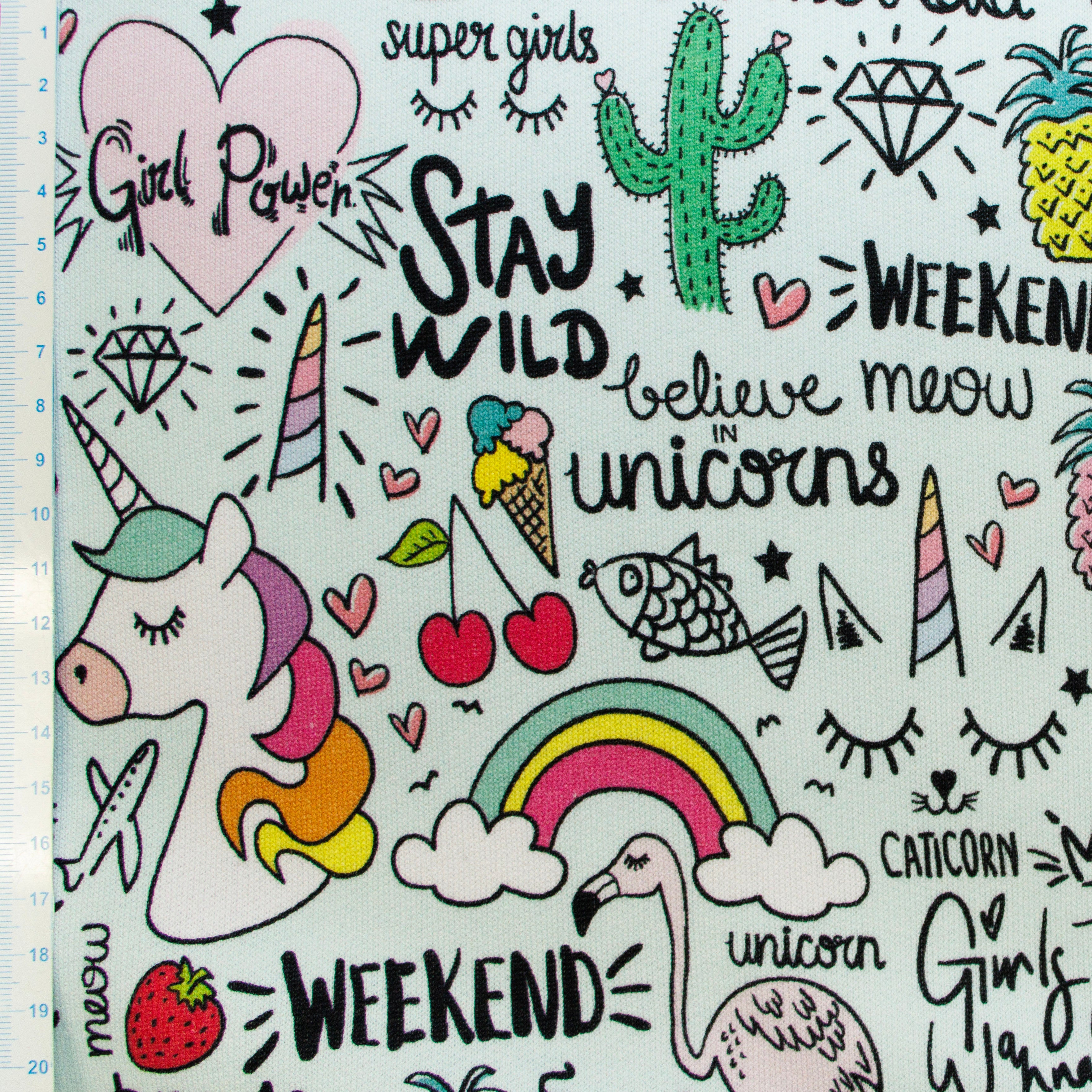 Angerauter Sweat Fräulein von Julie - Einhörner und Schriftzüge - helles mint