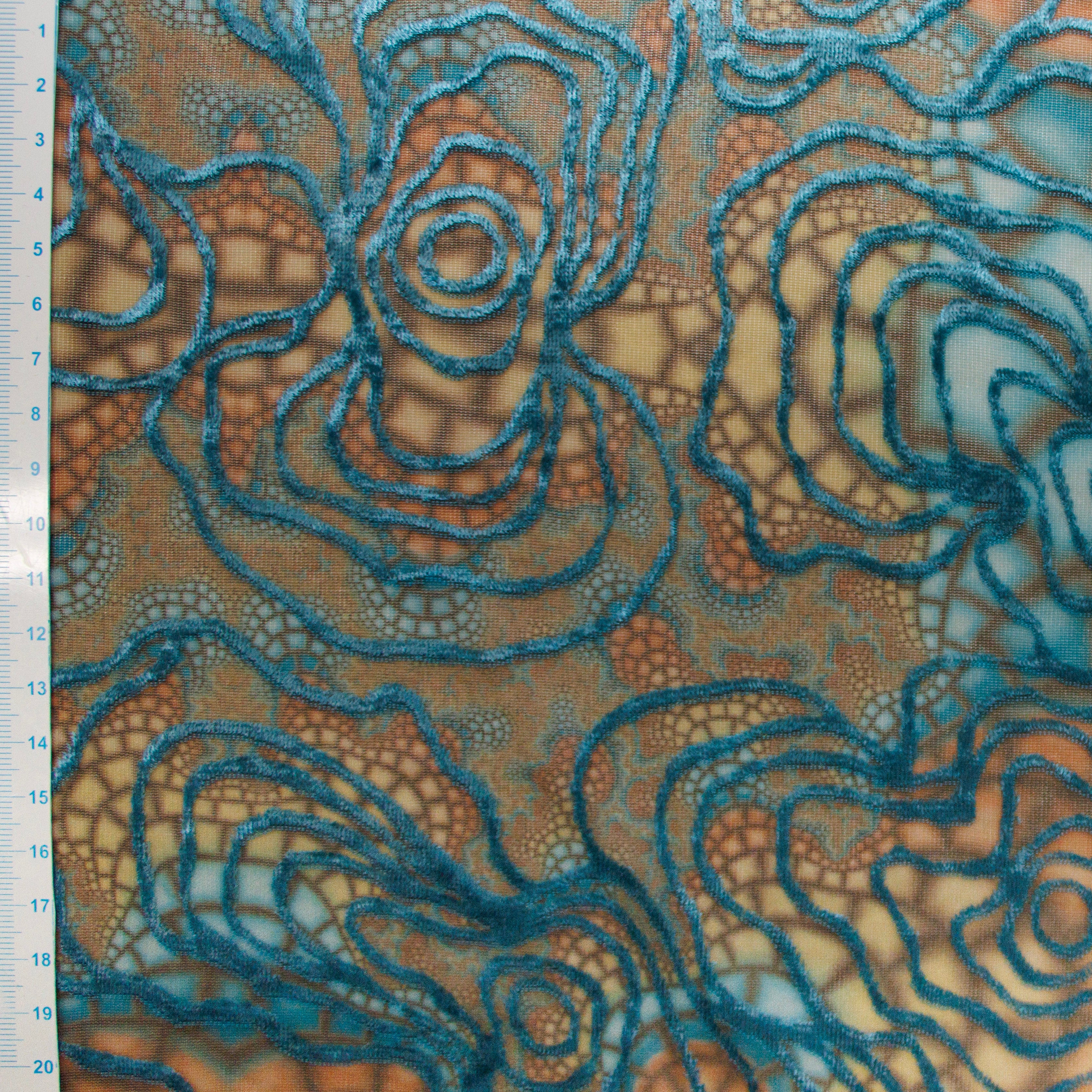 Mesh dehnbar - samtiges Blumenmuster - braun - türkis