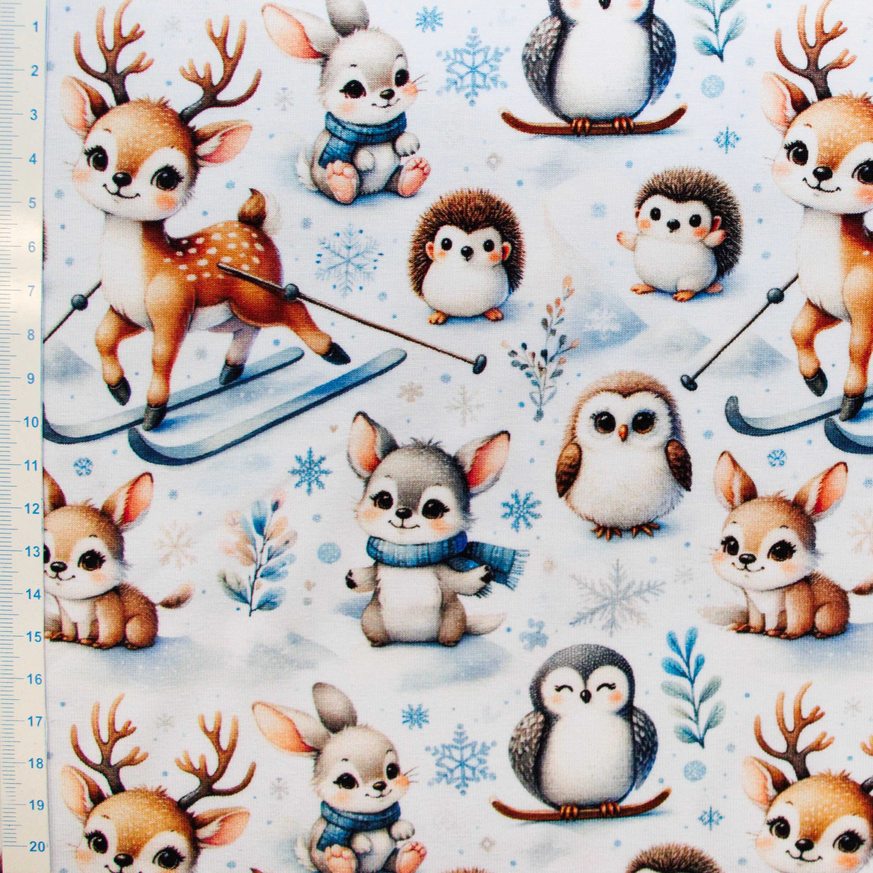 Jersey Digitaldruck - niedliche Tiere im Winter - weiß - blau