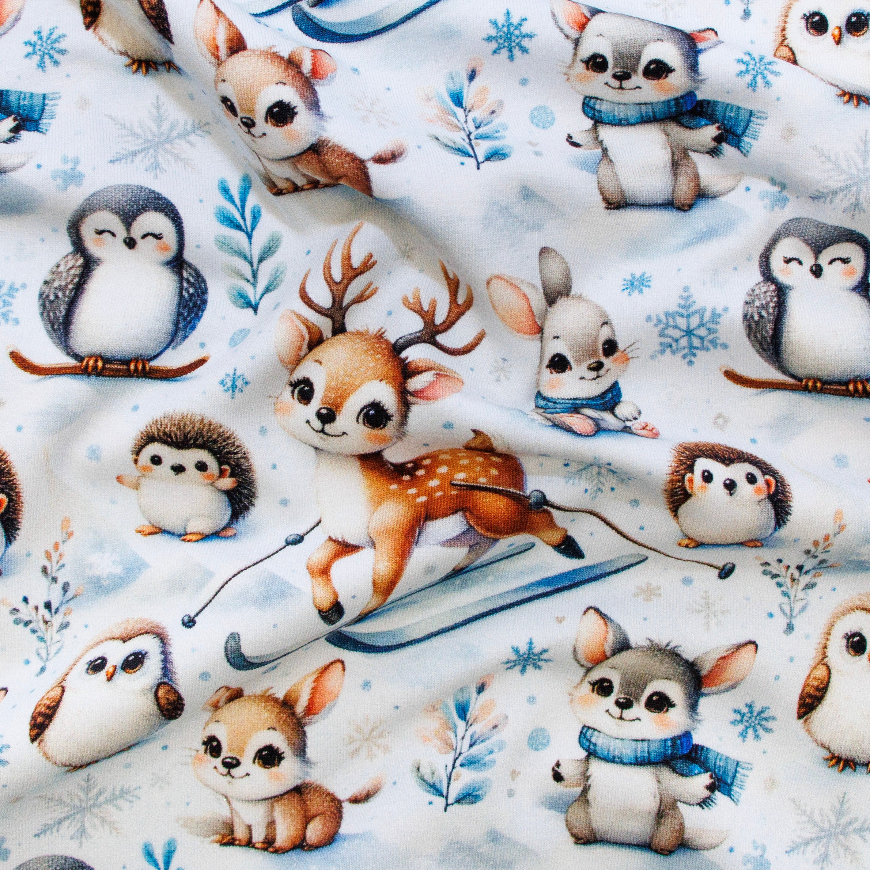 Jersey Digitaldruck - niedliche Tiere im Winter - weiß - blau