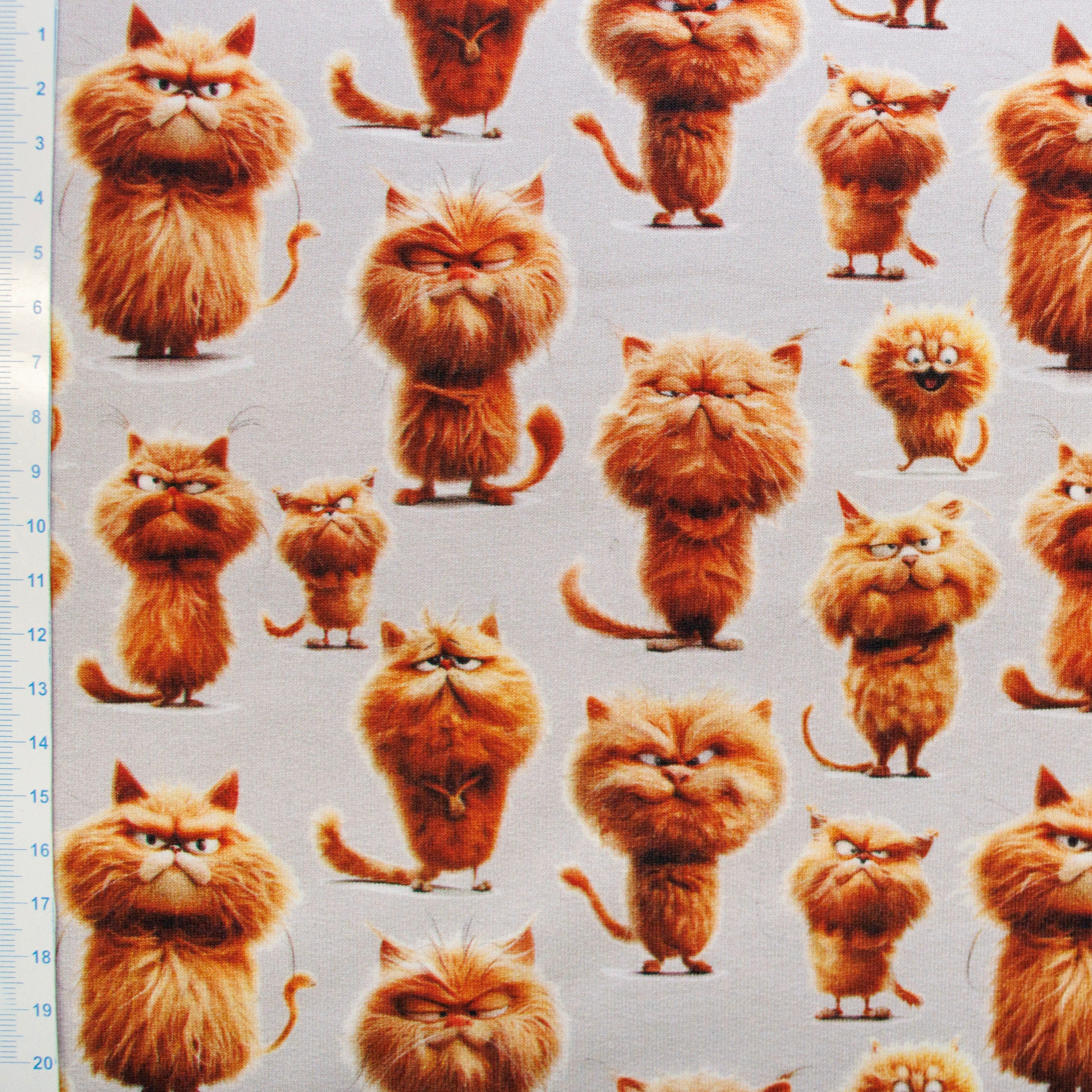 French Terry Digitaldruck - rote Katze - taupe