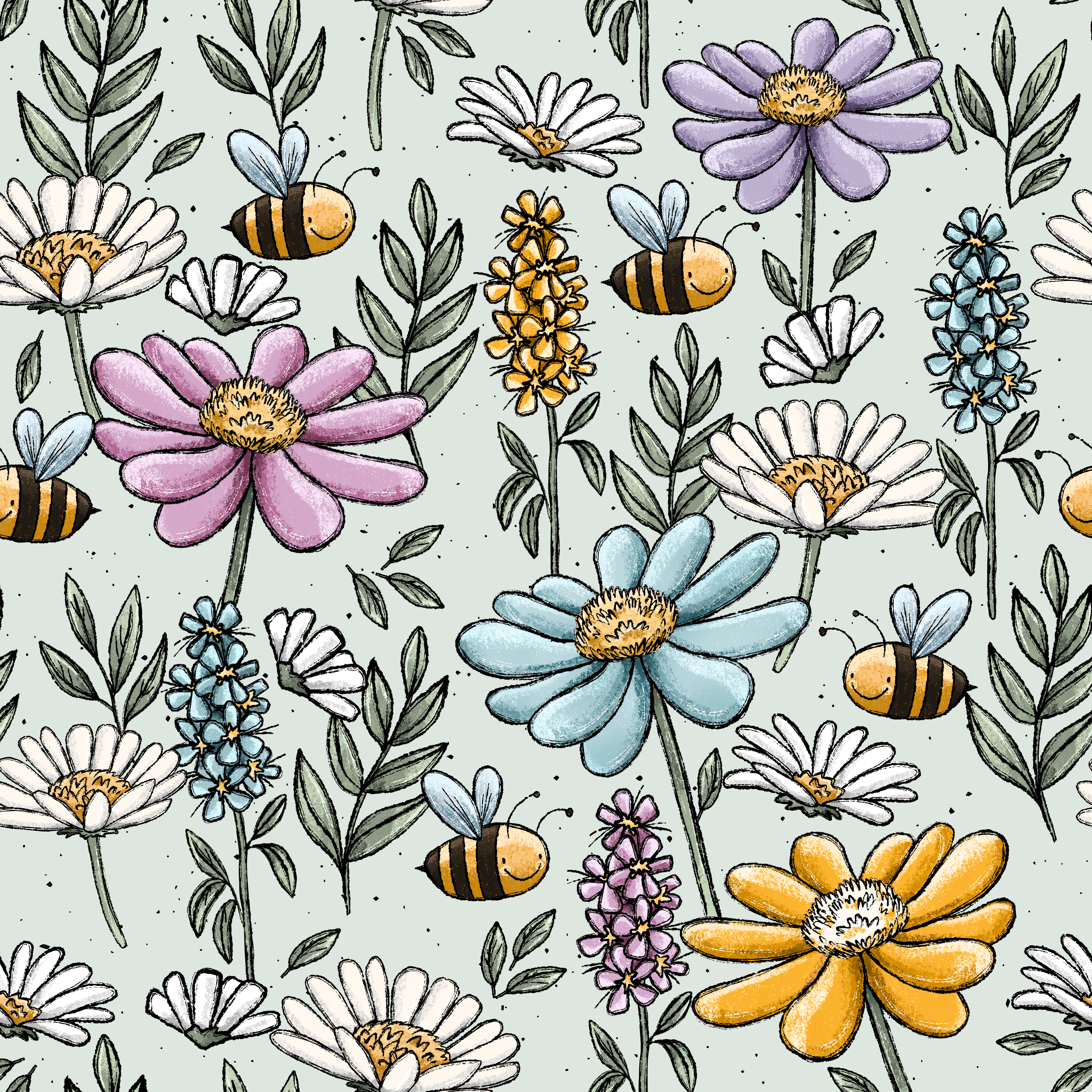 Eigenproduktion Jersey Blumenwiese Katzengold-Design - hellblau
