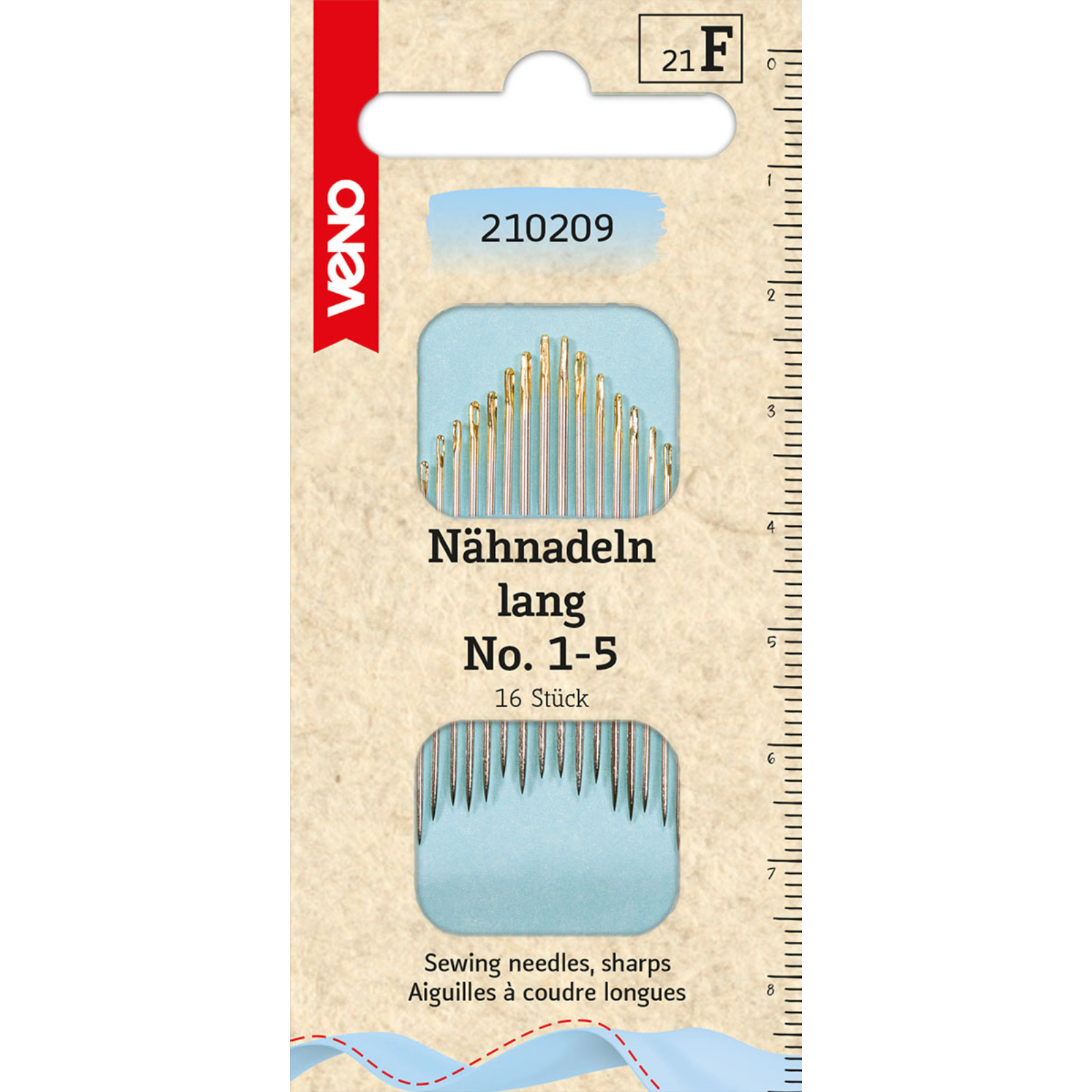 Nähnadel lang No. 1-5 - Goldöhr -16 Stück