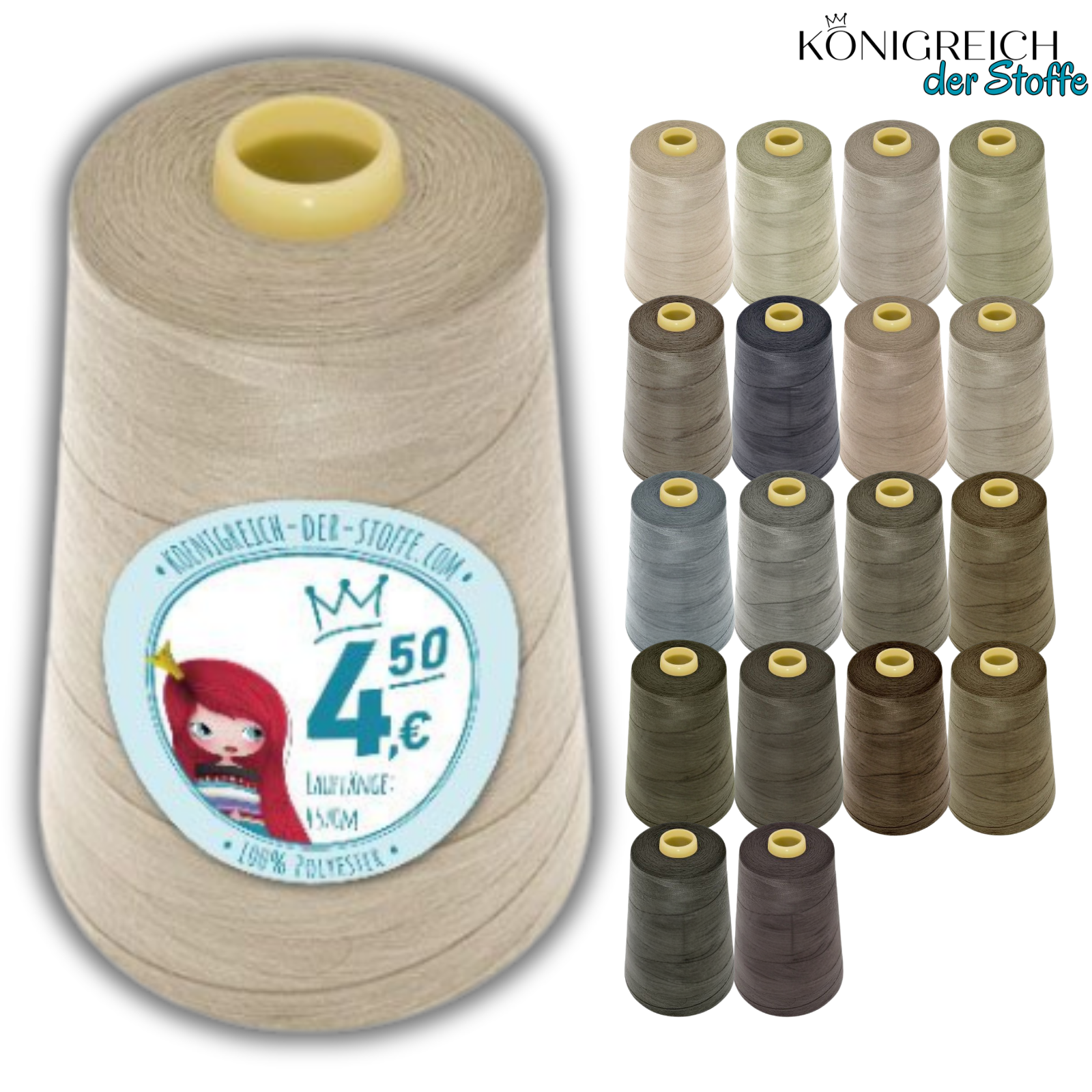 🧵  Overlock Nähgarn - 4570 m - Beige • Grau • Oliv • Braun