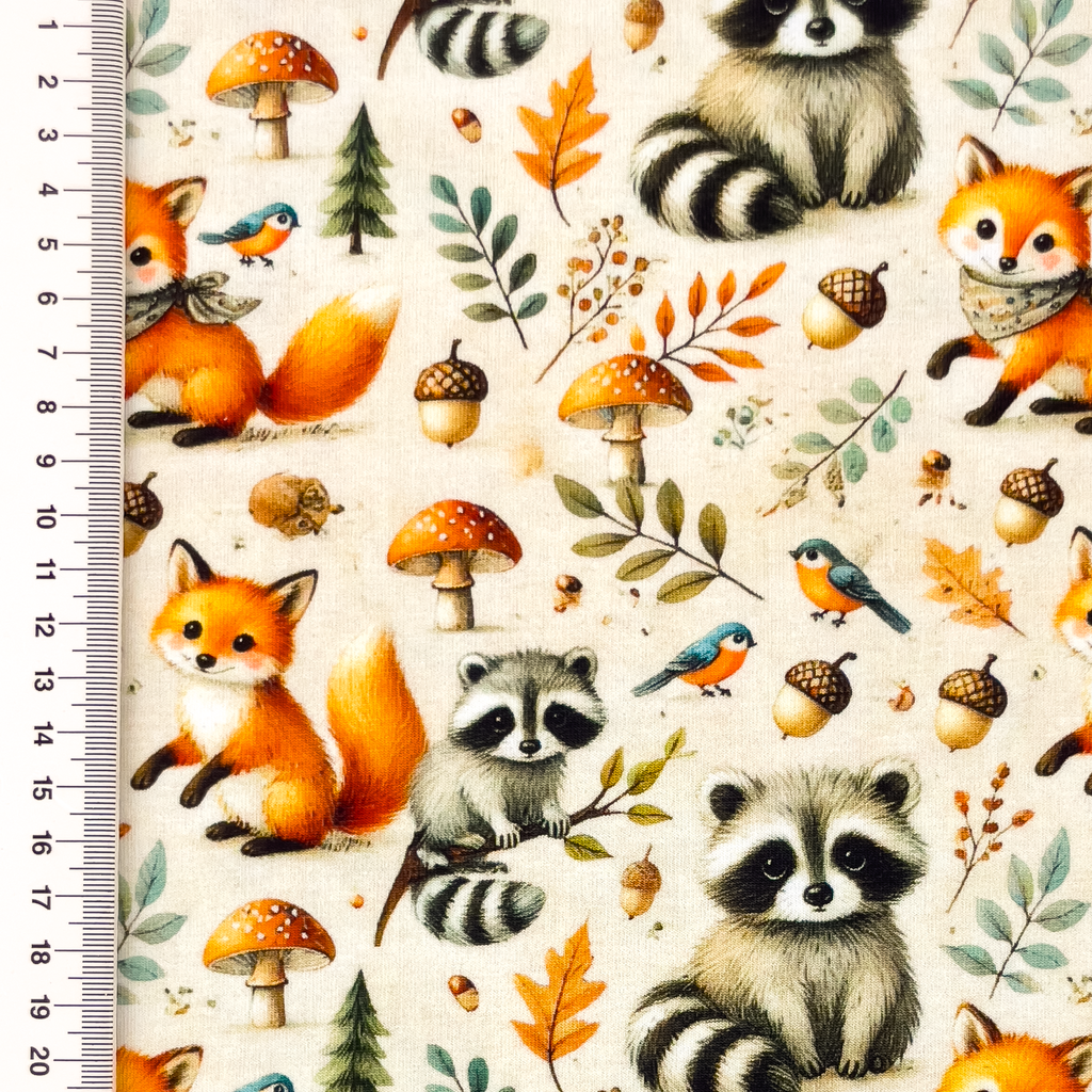 Baumwolle Jersey Digitaldruck Stoff - Füchse und Waschbären - Beige