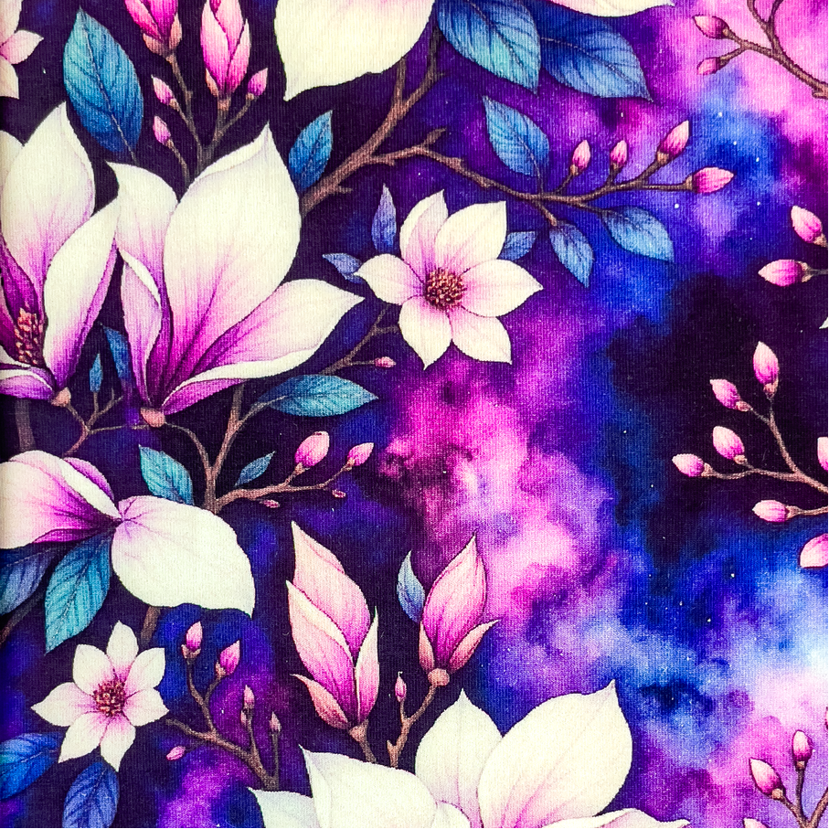 French Terry Stoff - Blumen auf Blau & Lila