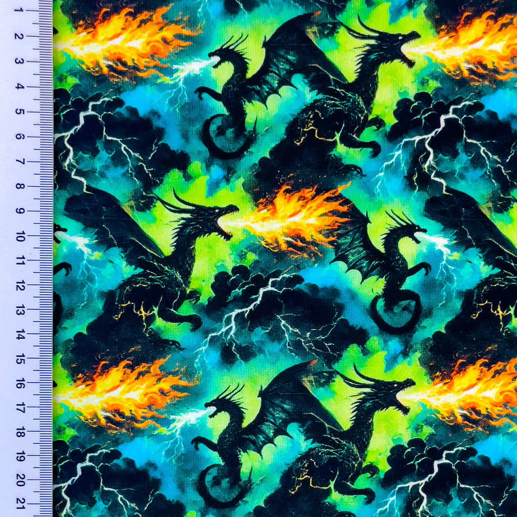 French Terry Stoff Digitaldruck - Drachen - Türkis - Grün
