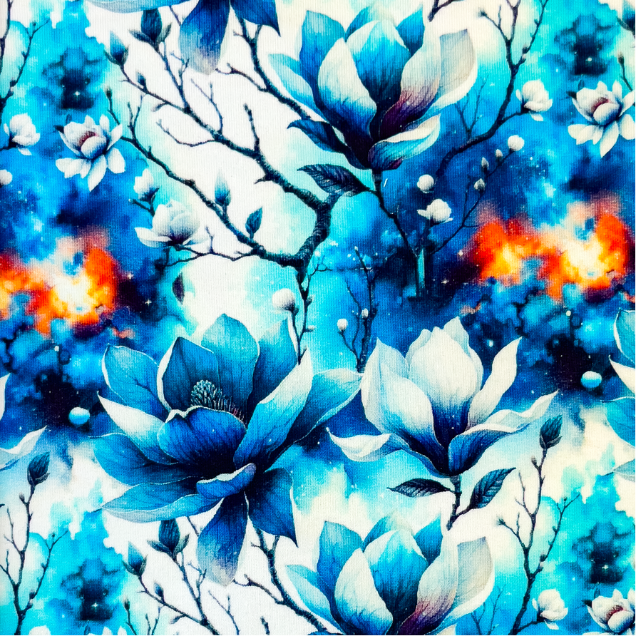 French Terry Stoff - Winter Blumen auf Blau