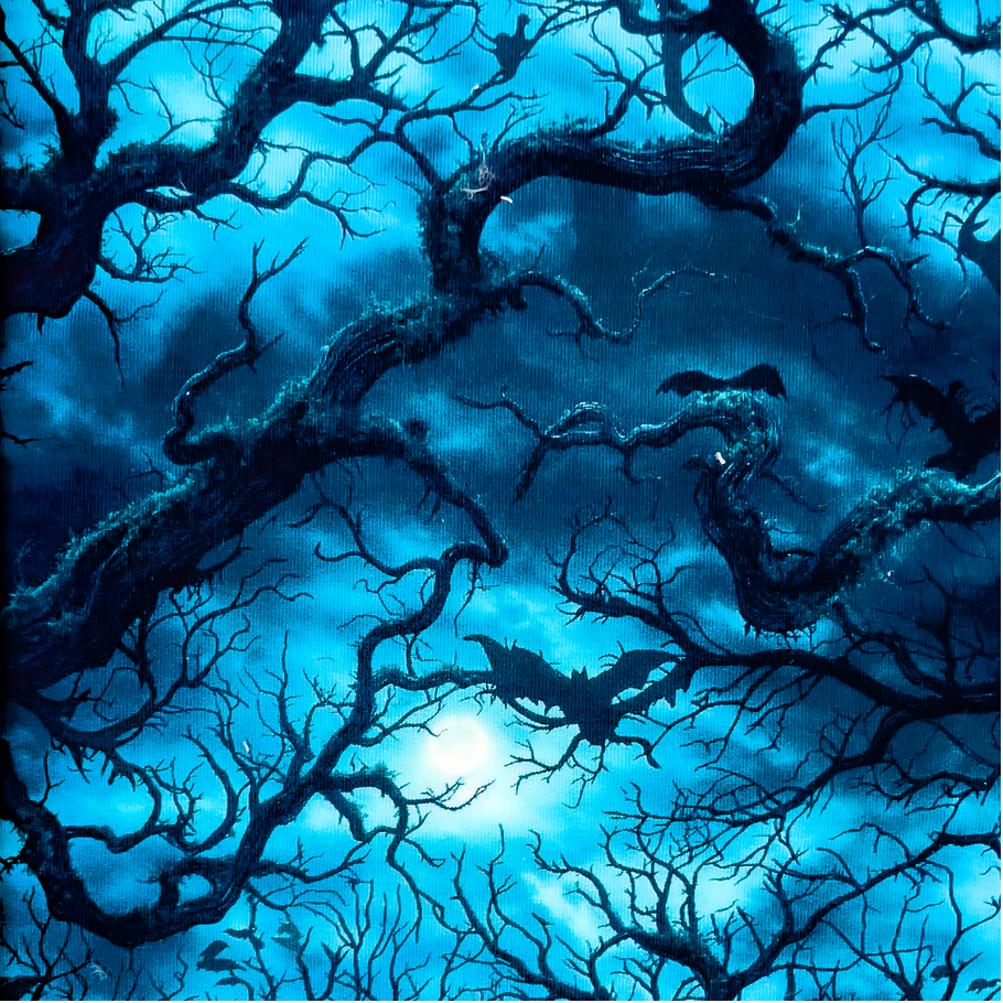🦇 French Terry Stoff - Nachtwald mit Vollmond & Fledermäusen – Halloween-Design