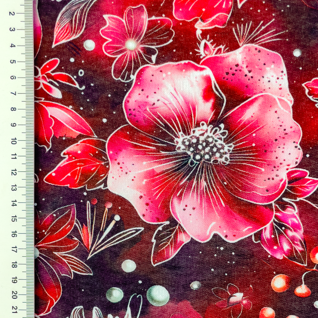 Angerauter Sweat Stoff - Blumen - Pink - Rot