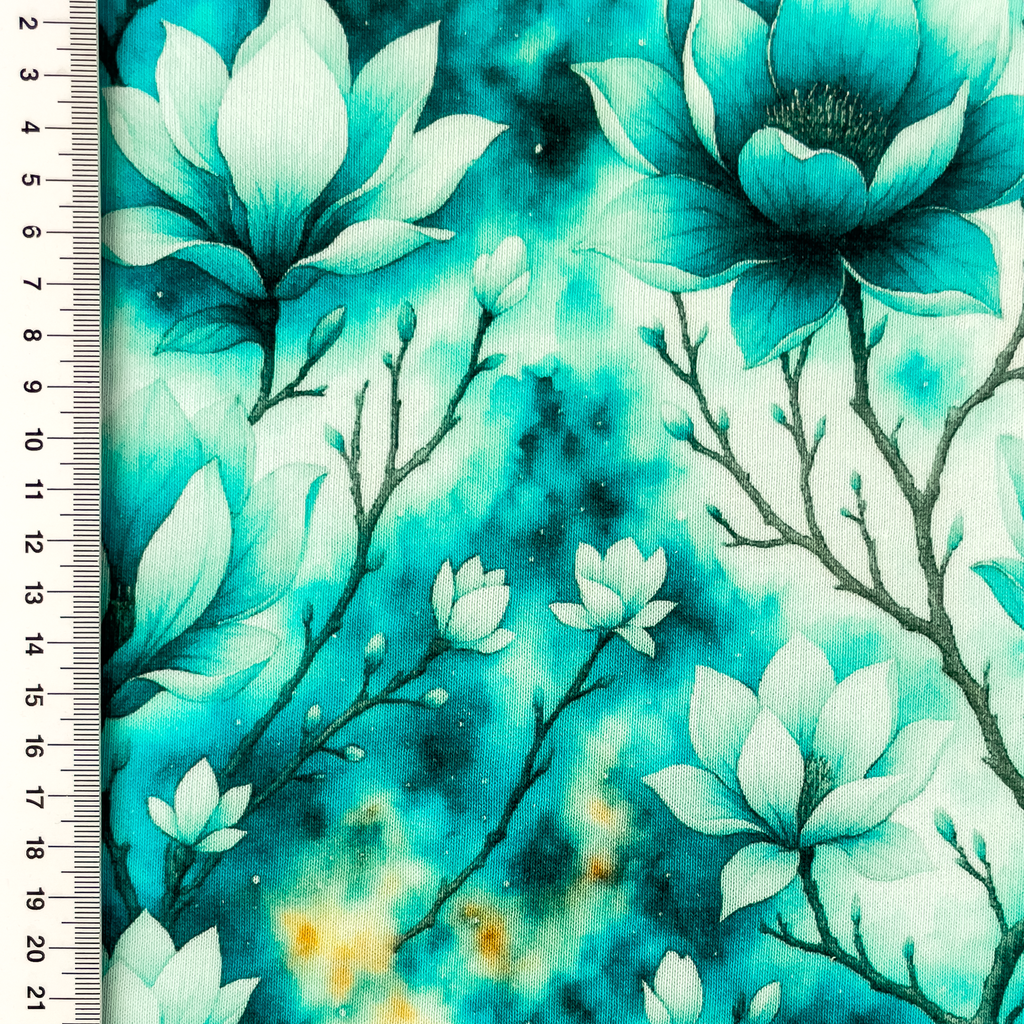 Angerauter Sweat Stoff - Blumen - Türkis