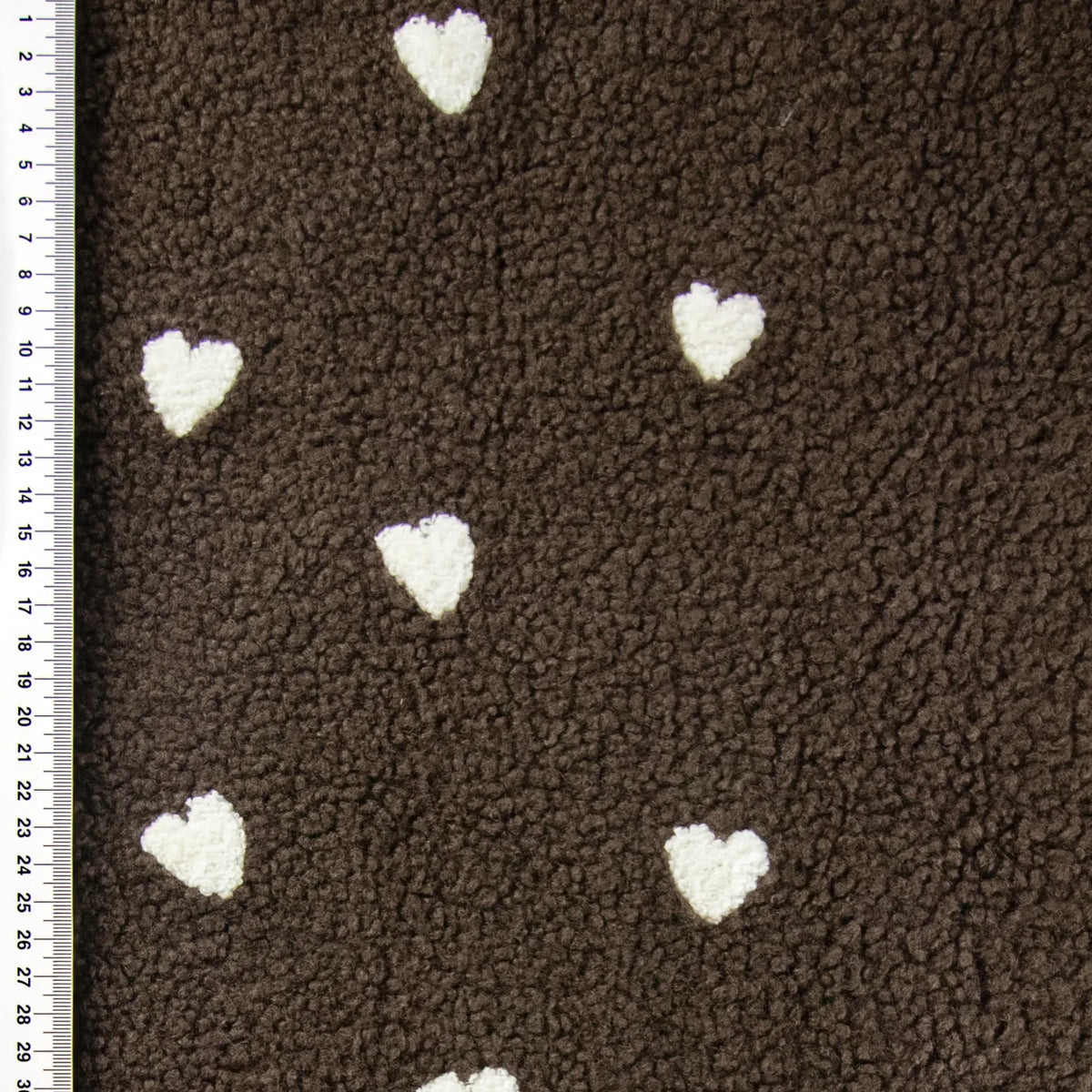 Teddy Fleece Stoff mit Stickerei - Kleine Herzen – Schokobraun
