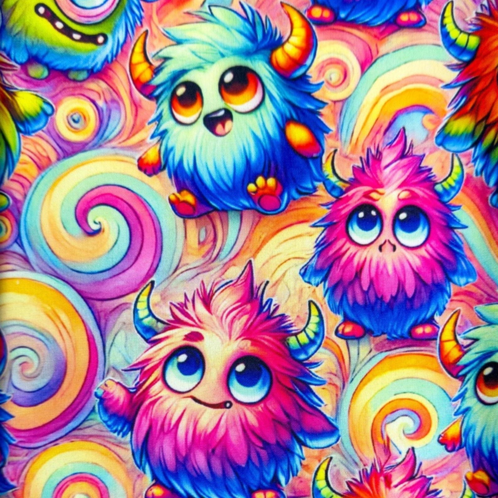 😈 Softshell Stoff - Bunte Monster auf Regenbogenwirbeln