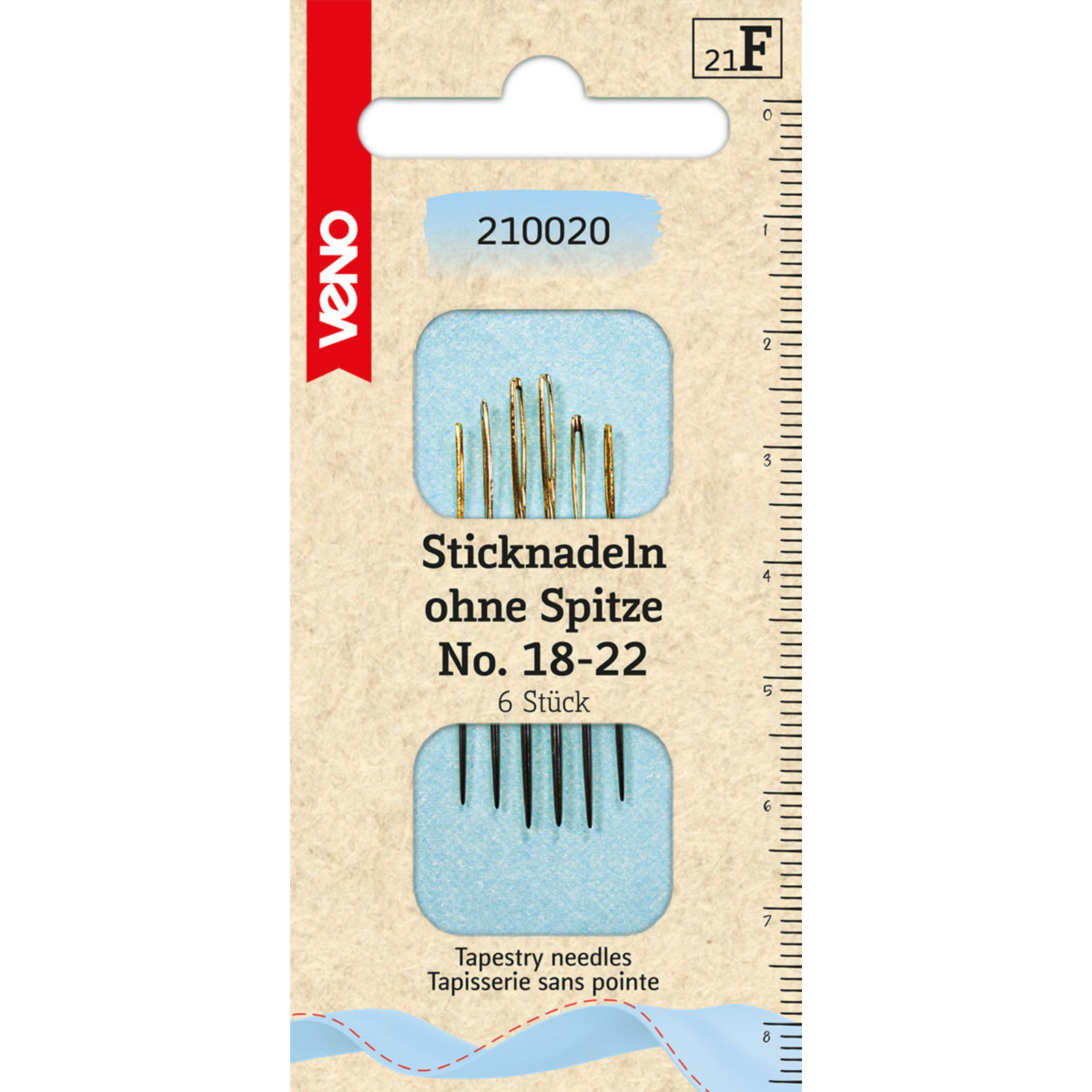 Sticknadeln ohne Spitze No. 18-22 - Goldöhr - 6 Stück