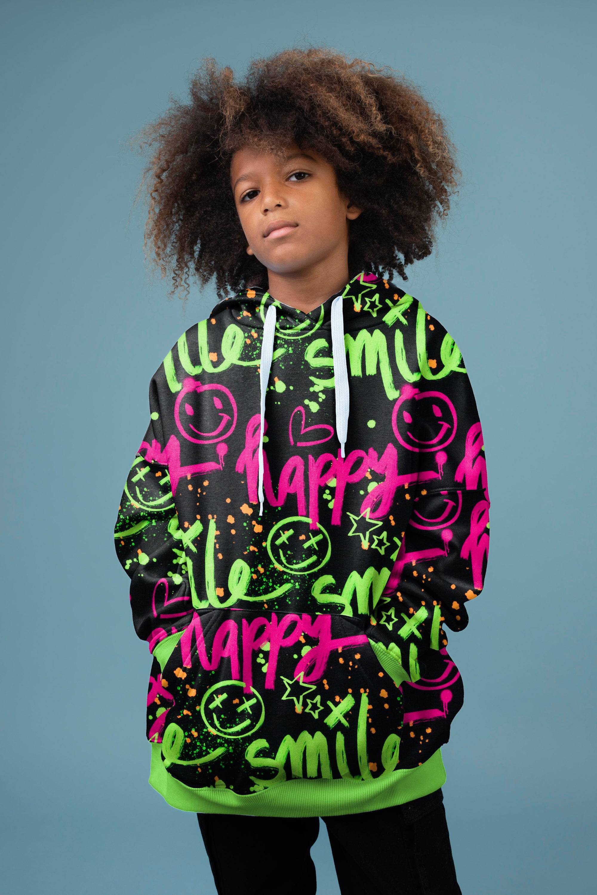 Leicht angerauter Sweat Swafing Happy Smile - Neon Graffiti - schwarz