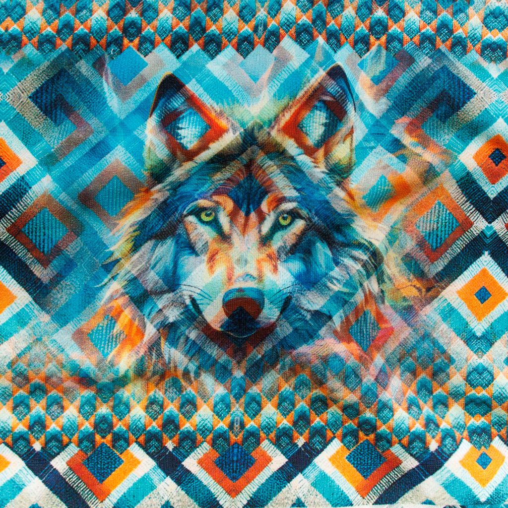 French Terry Beanie- & Loop-Panel „Wolf Geometrie“ – Digitaldruck