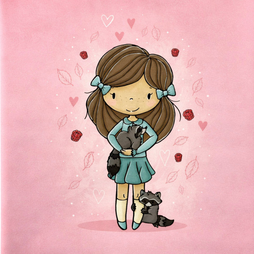 Sweat French Terry PANEL ca 36 cm x 45 cm - süßen Mädchen mit Waschbären - rosa