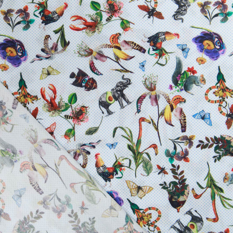 Webware hochwertige, langstablige Baumwolle - fruchtige Tiere auf Punkten - weiß