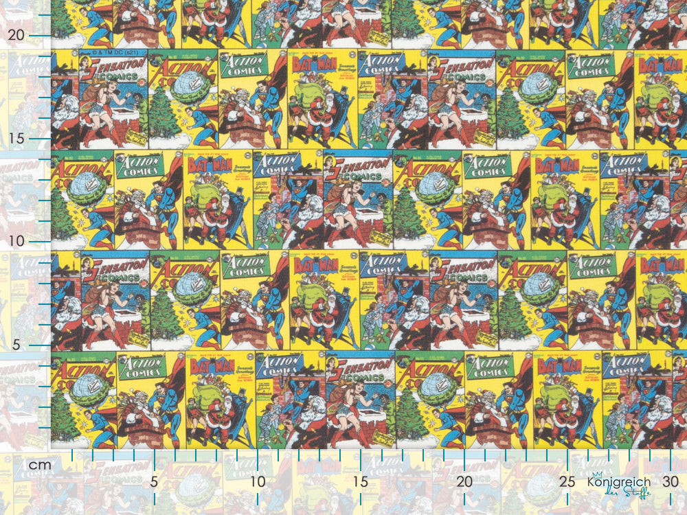 Webware Baumwolle Popeline Digitaldruck Justice League - Superhelden feiern X-mas im Comicstyle - gelb