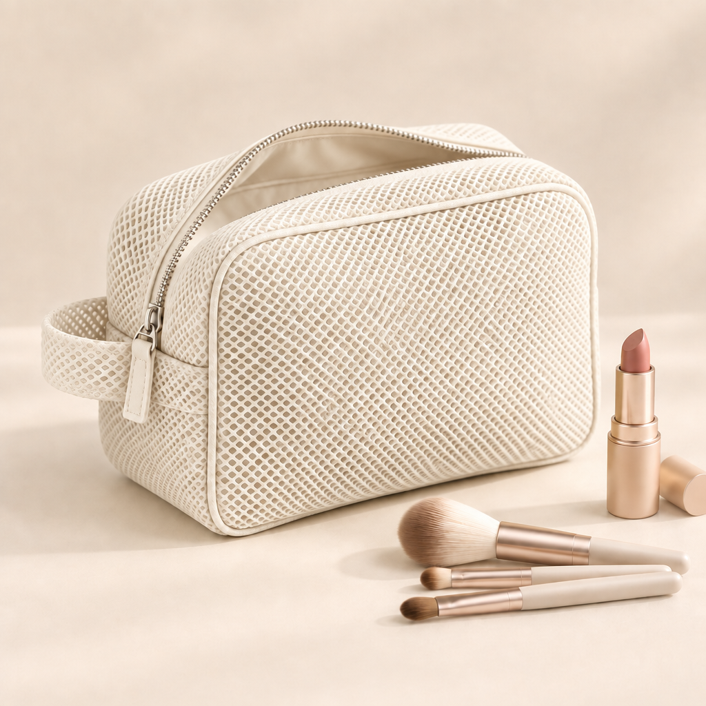 Cremefarbene Make-up-Tasche aus 3D Air-Mesh