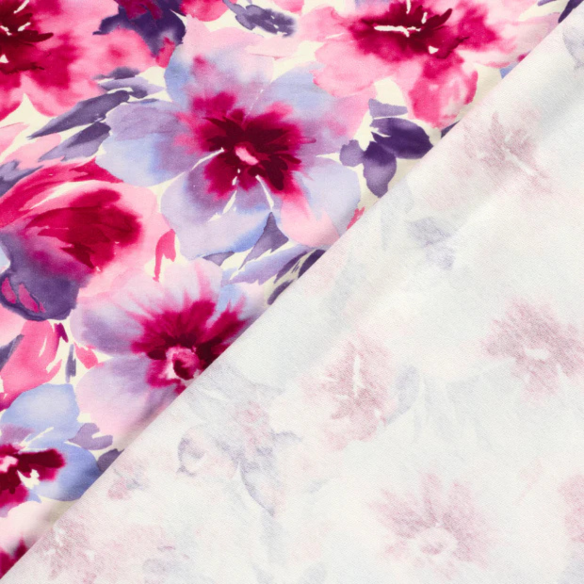 French Terry Stoff - Abstrakte Blumen - wollweiß - fuchsia