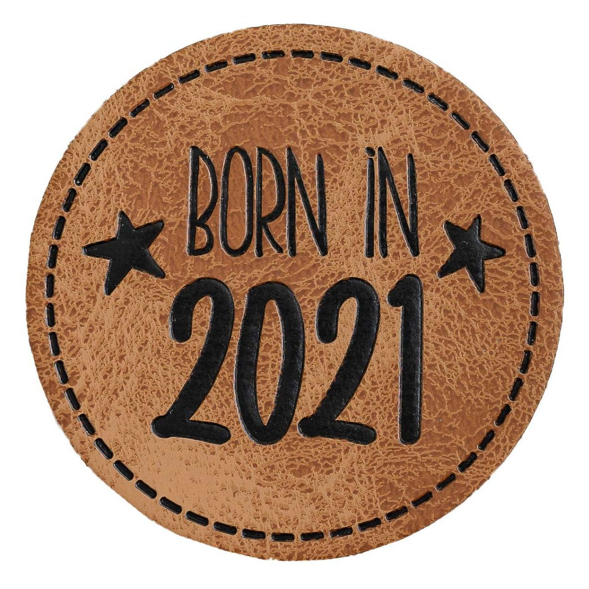 Jessy Sewing Kunstleder-Label mit aufgedruckter Nähnaht - "Born in 2021" - braun