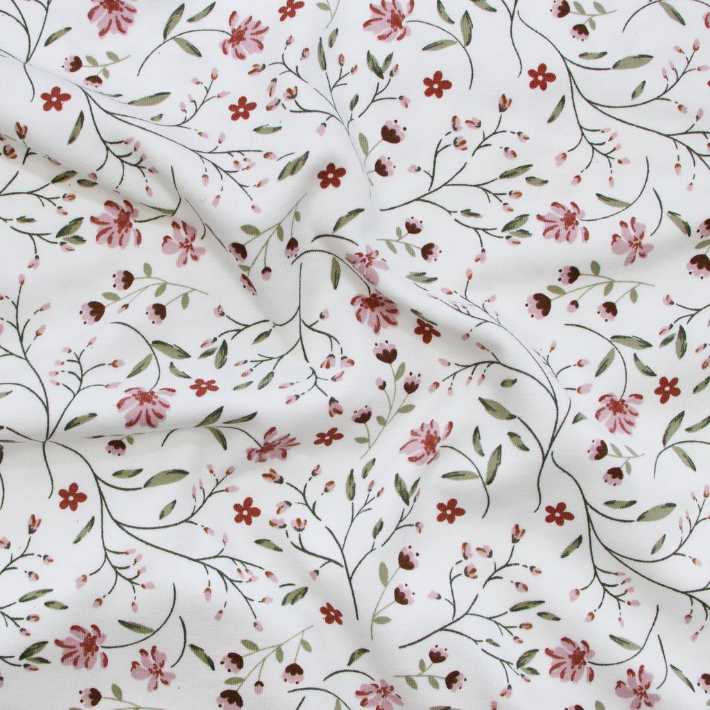 🌸Baumwolle Jersey Stoff Digitaldruck - Rosa Blumen - Wollweiß