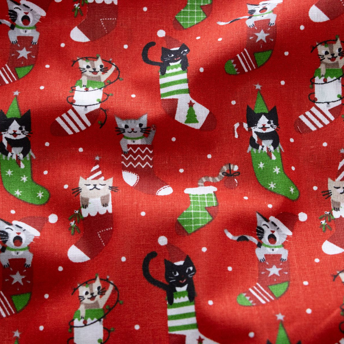 Webware Baumwolle Christmas - Weihnachtliche Katzen - rot