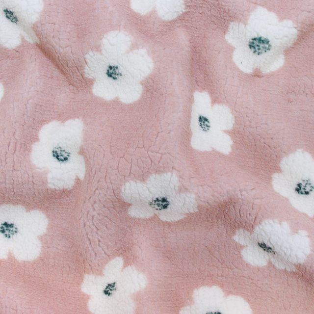 🌸 Kuschelplüsch Teddy-Fleece Stoff mit Blumen – Altrosa