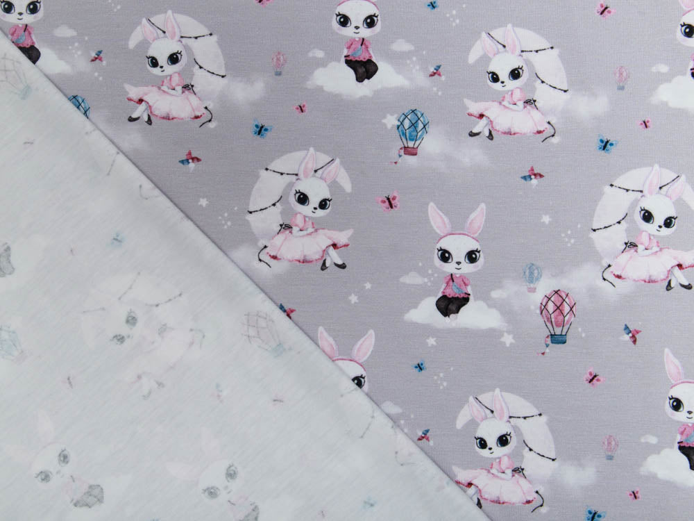 Jersey Digitaldruck by Poppy - Hasendamen auf Wolken - grau