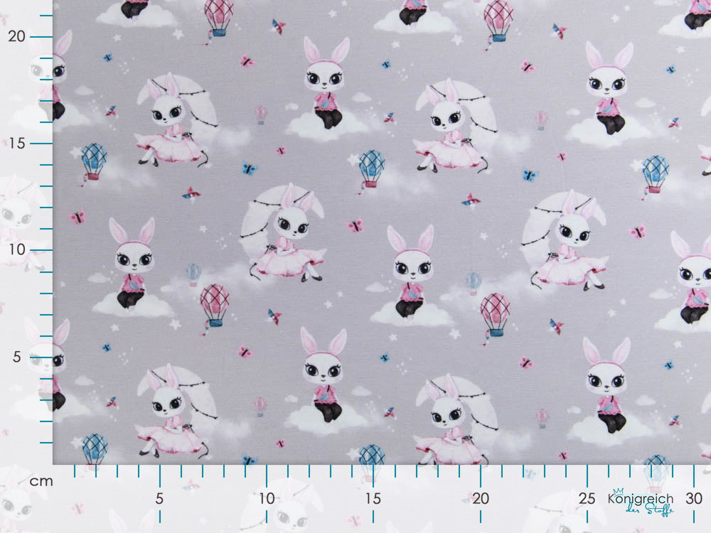 Jersey Digitaldruck by Poppy - Hasendamen auf Wolken - grau