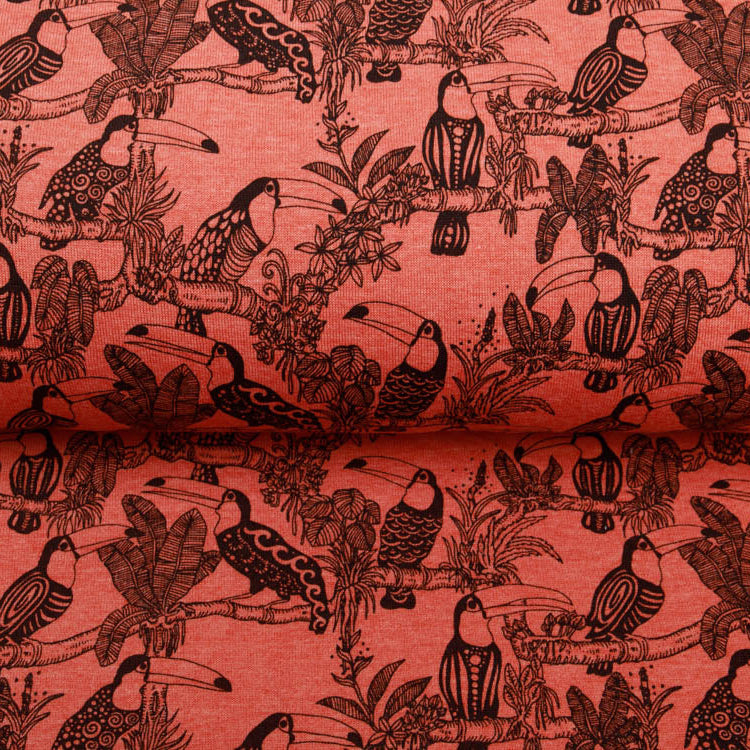 Angerauter Sweat Melange by Poppy - tropische Vögel - meliert - terrakotta