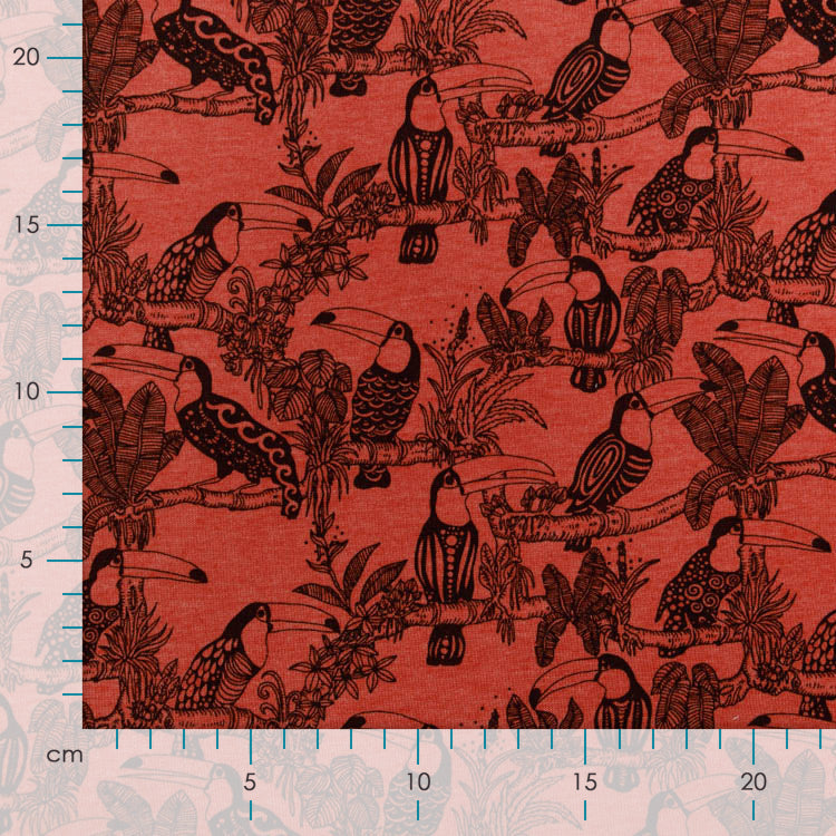 Angerauter Sweat Melange by Poppy - tropische Vögel - meliert - terrakotta