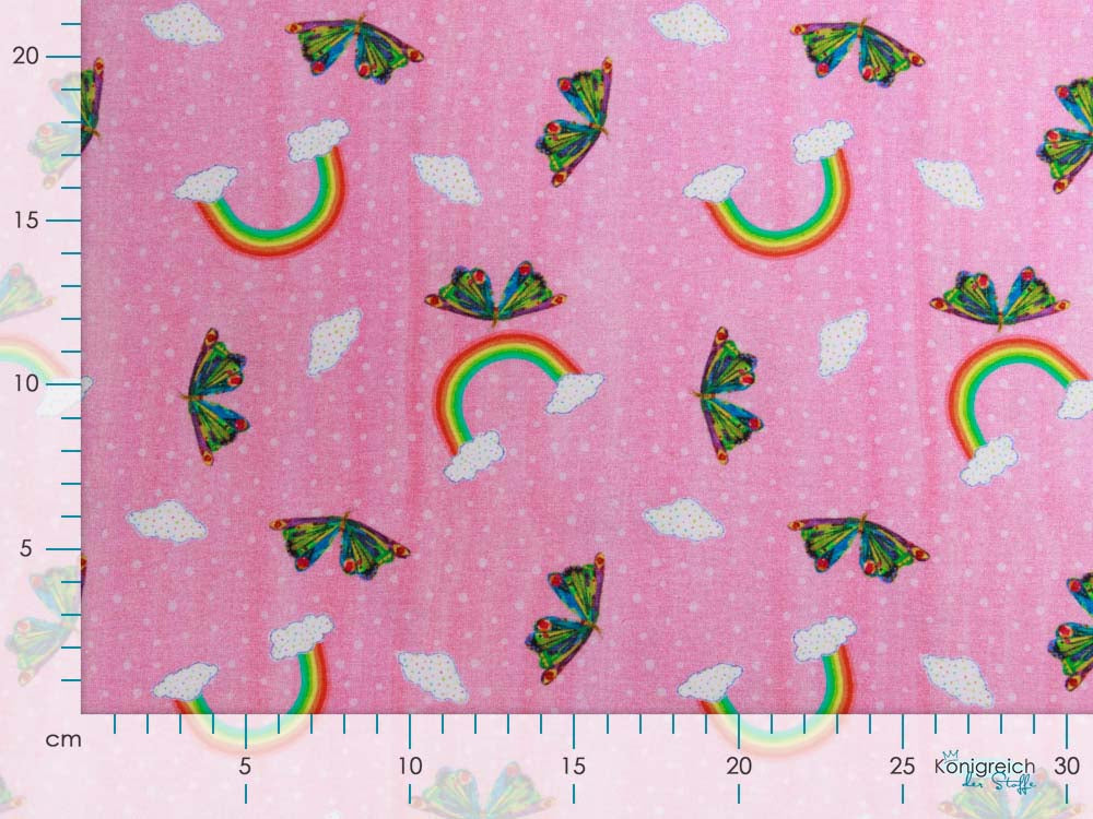 Jersey Hemmers Itex Digitaldruck - Regenbögen und Schmetterlinge auf Punkten - rosa