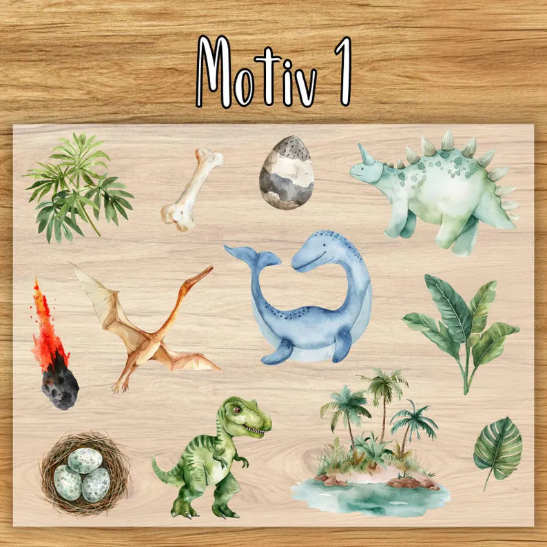 Dinosaurier Bügelbilder - Set - Wasserfarbe