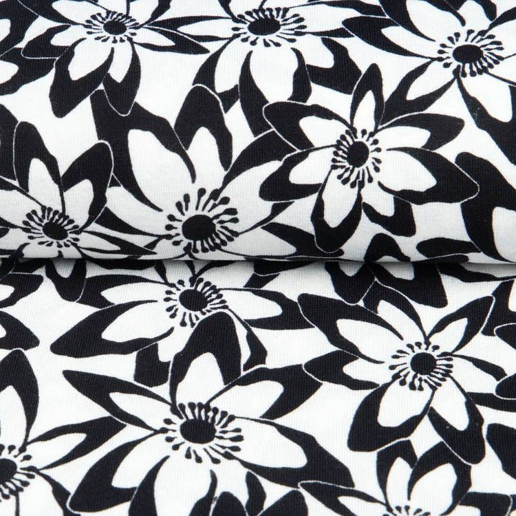 Jersey Viskose - Blumenwiese - nachtblau/weiß/rosa