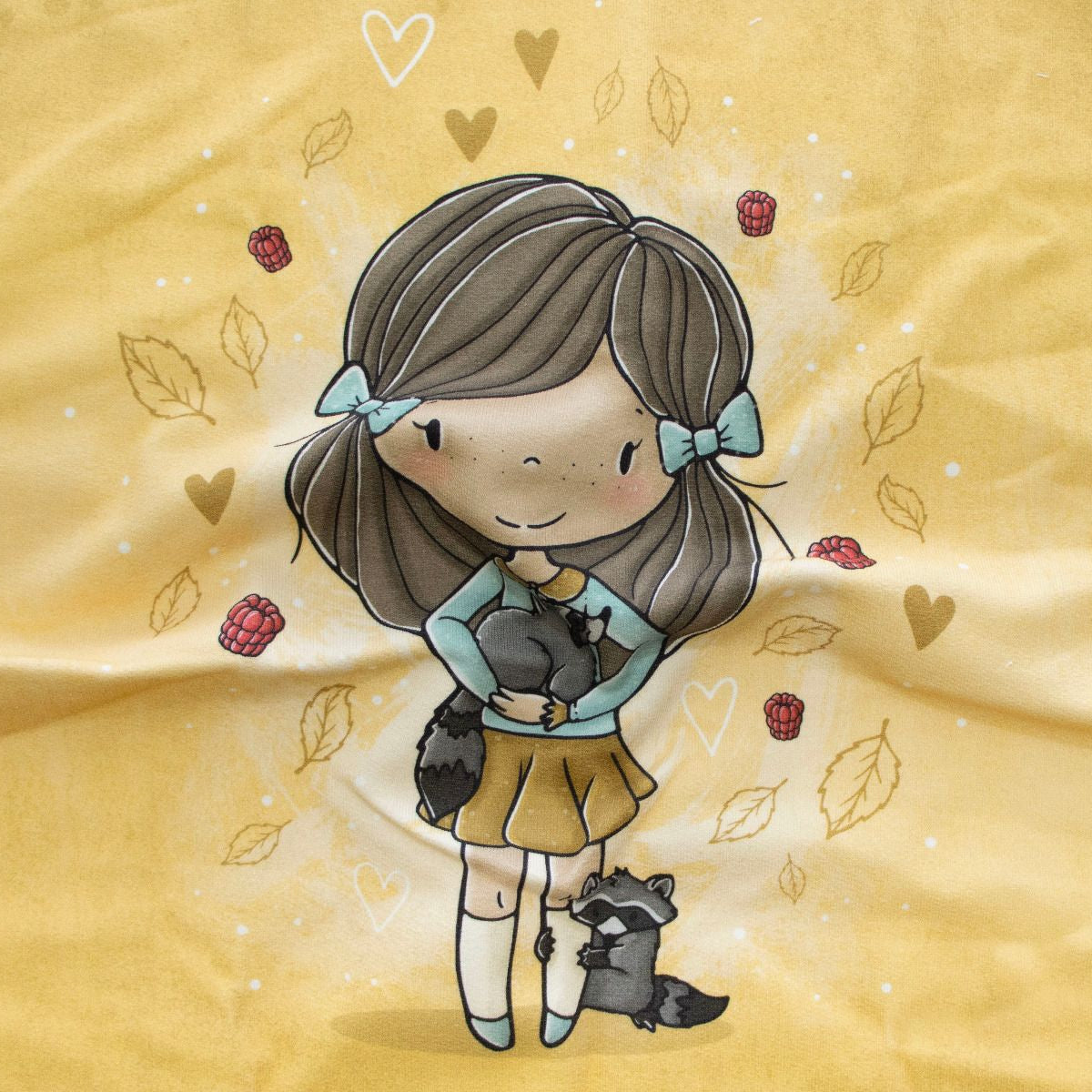 Sweat French Terry PANEL ca 36 cm x 45 cm - süßen Mädchen mit Waschbären - curry