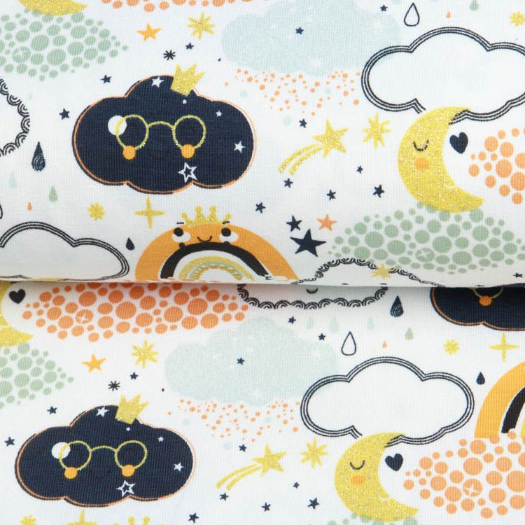 Jersey Cotton mit Foliendruck - lustige Wolken - weiß-mint
