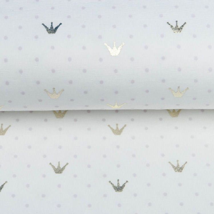 Jersey Cotton mit Foliendruck - Kronen und Punkte - weiß