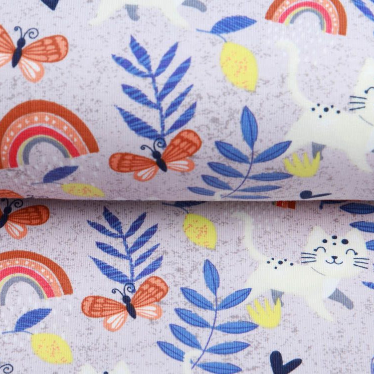 Jersey Cotton - fröhliche Katzen und Schmetterlinge - schraffiert lila