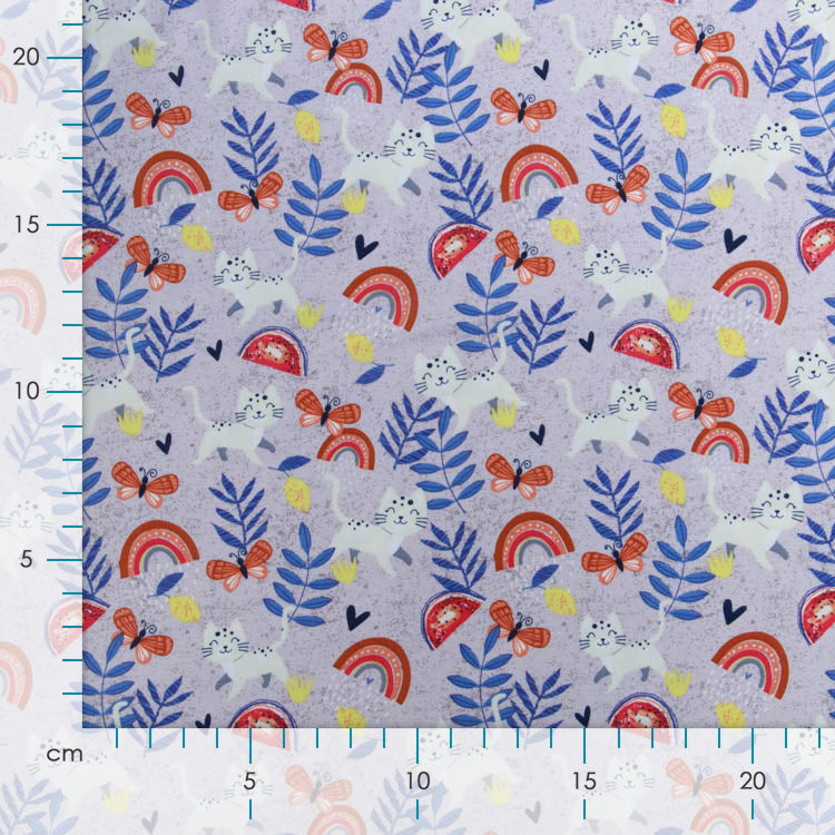 Jersey Cotton - fröhliche Katzen und Schmetterlinge - schraffiert lila