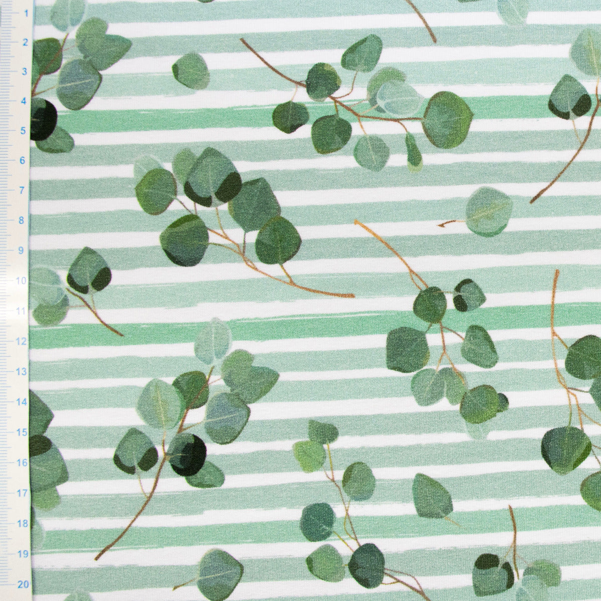 French Terry Digitaldruck - Eucalyptus auf Streifen - weiß - grün