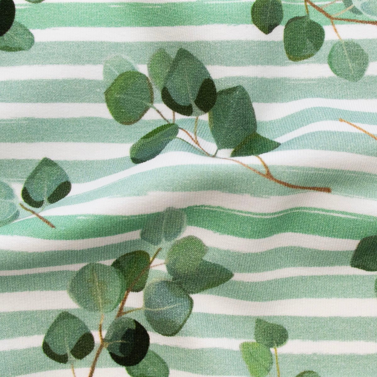 French Terry Digitaldruck - Eucalyptus auf Streifen - weiß - grün